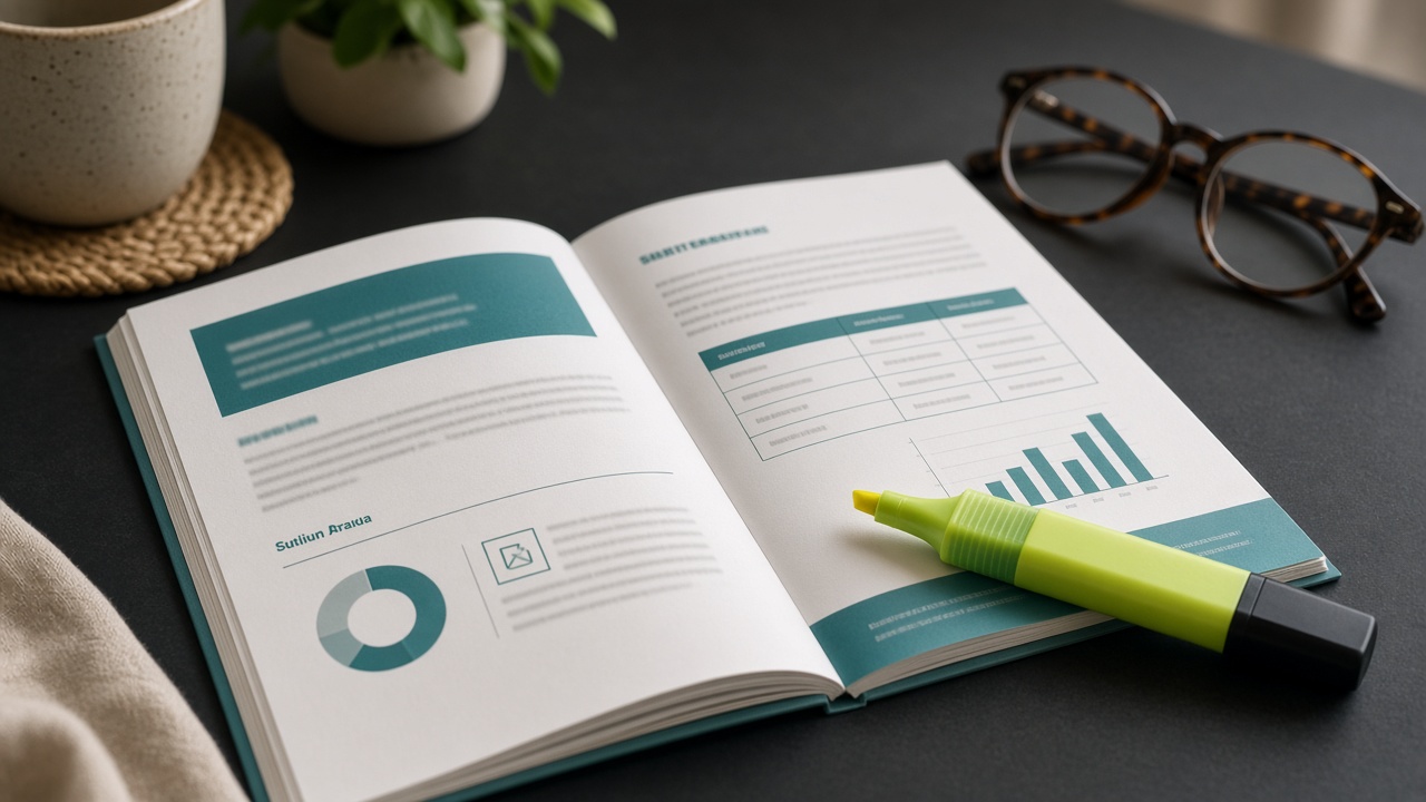 Open scheme booklet with reading glasses and a highlighter